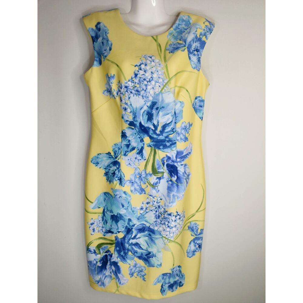 Karin Stevens Floral Midi Sheath Dress Yellow Blue‎ Size 10 NWT Bohemian Prairie